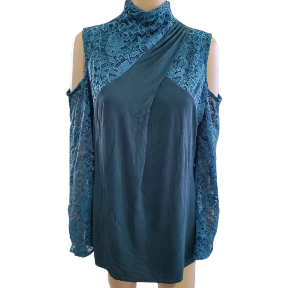 JnJ Teal Boho Cold Shoulder Crisis Cross Lace Top